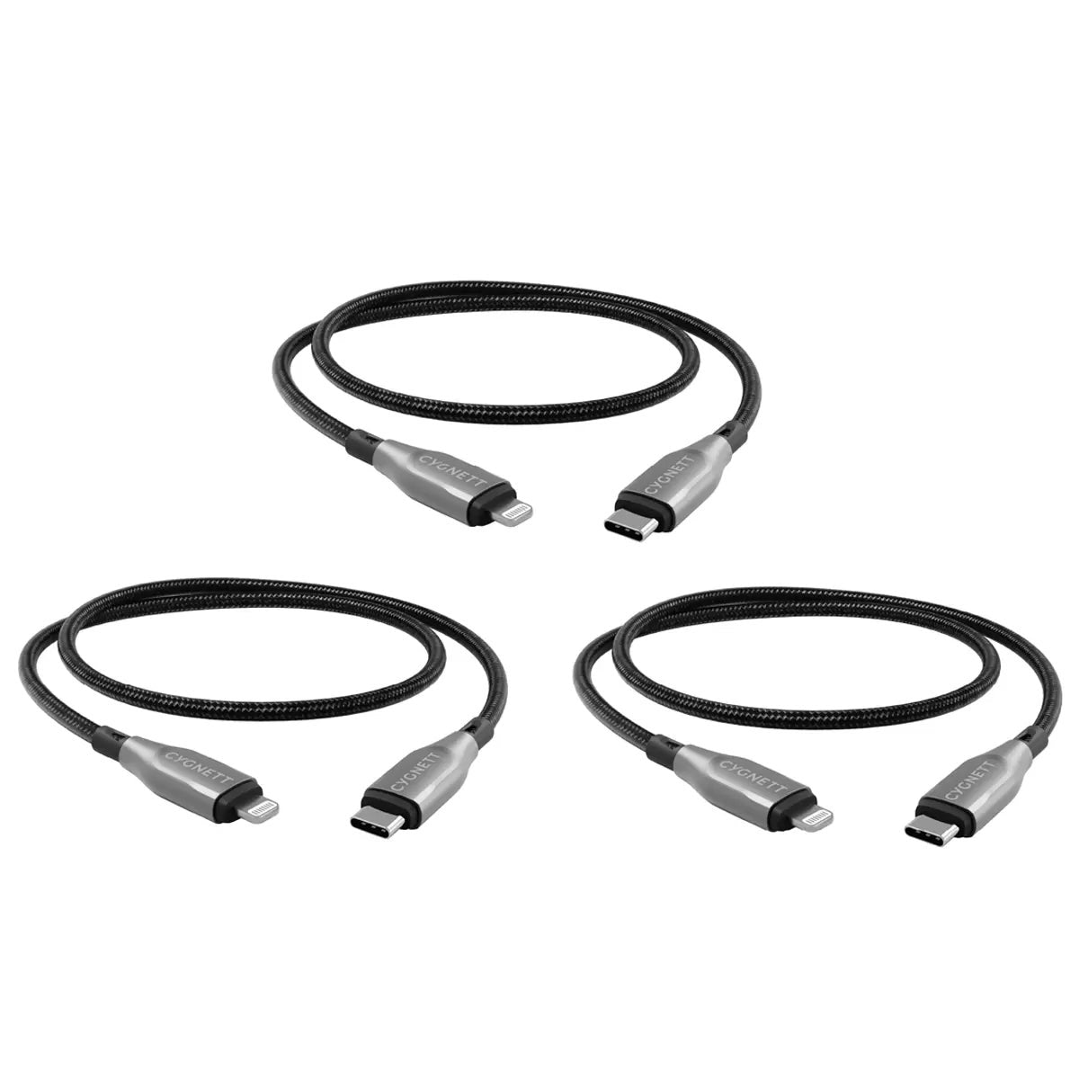 Cygnett Lightning to USB-C Cable 1M Triple Pack Armoured Black