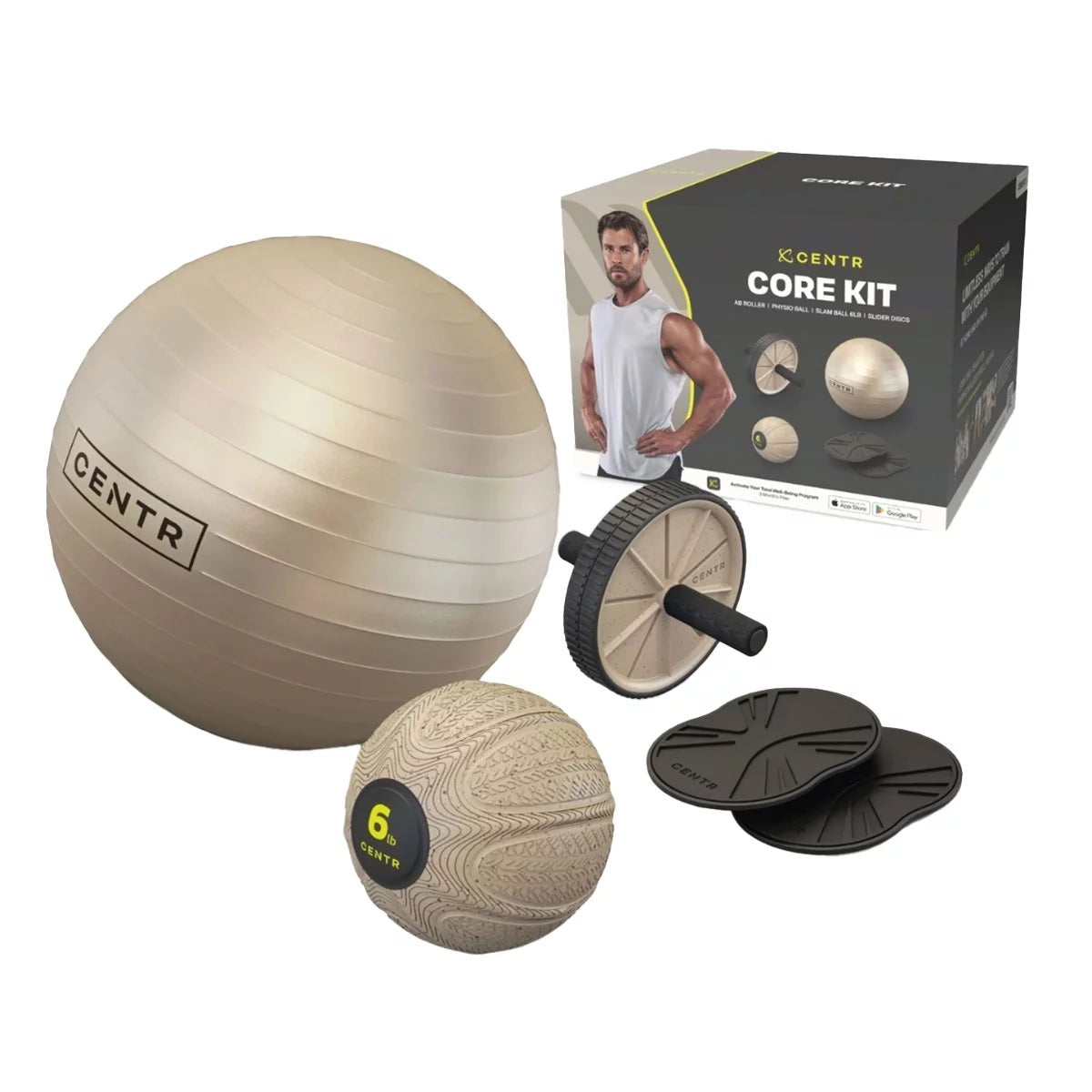 Centr Core Kit 65cm Physio Ball Ab Roller Slam Ball Sliding Discs