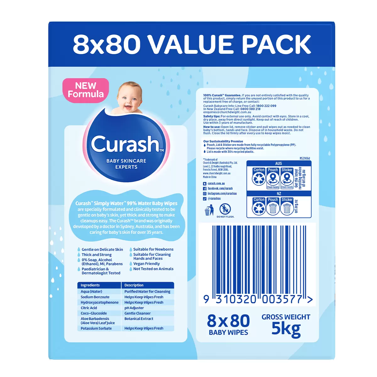Curash Simply Water Baby Wipes 8 x 80 Sensitive Newborn Wipes 640 Pack