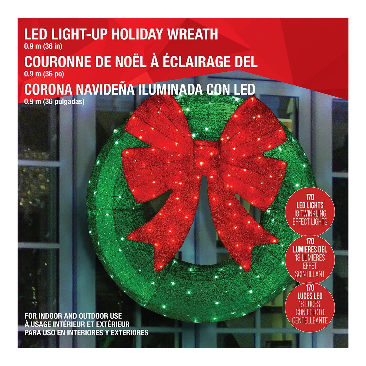 LED Christmas Wreath 90.5cm Green With Red Bow 150 Lights Indoor Outdoor