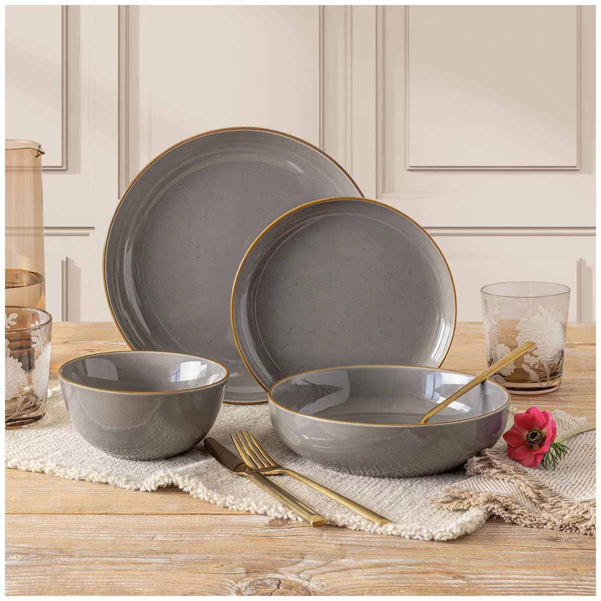 over&back Options 16 Piece Stoneware Dinner Set Dark Grey Microwave Safe
