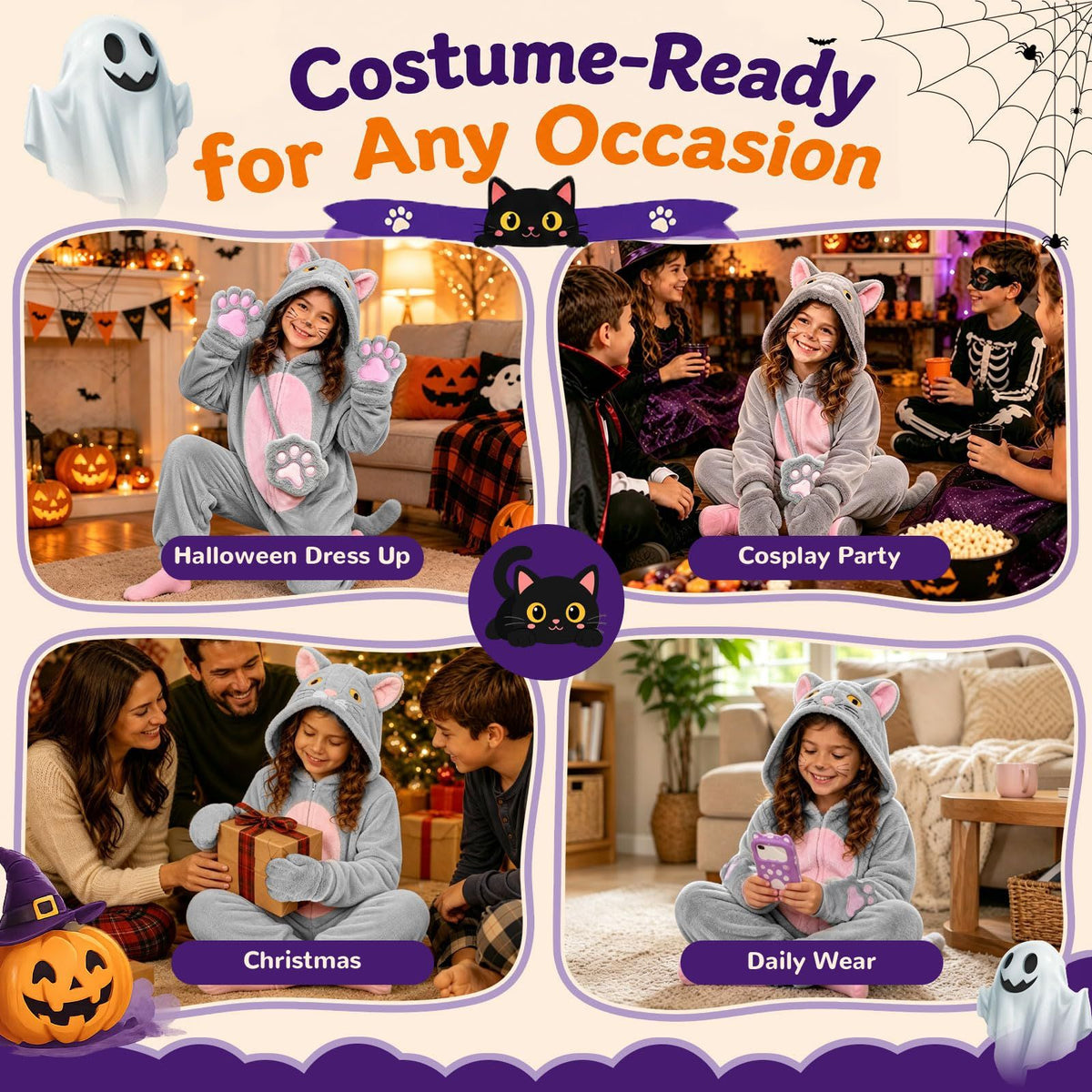 Kids Cat Costume for Halloween, Dress-Up Parties, Trick-or-Treat & Role Play, XXL (gray)
