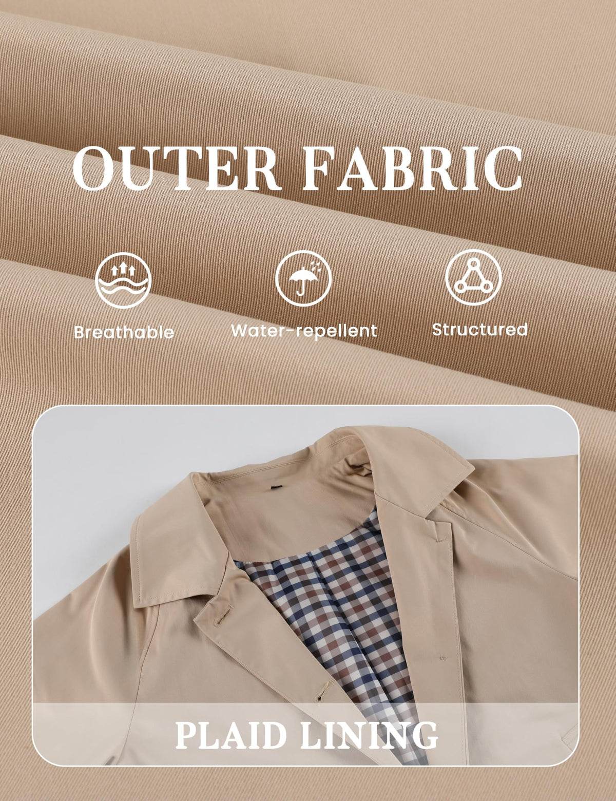 Versatile Lightweight Cropped Trench Jacket for Daily Work, Travel and All Seasons, S (khaki)