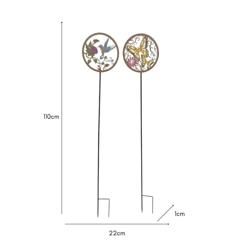 Set 2 Asst Round Bird + Butterfly Garden Stakes 110cm