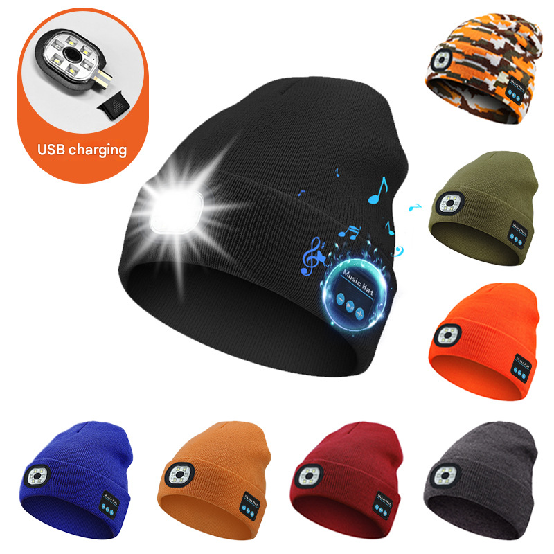 Red Wireless Bluetooth Beanie Hat with USB Rechargeable LED Headlight - Unisex Knit Cap for Running & Camping