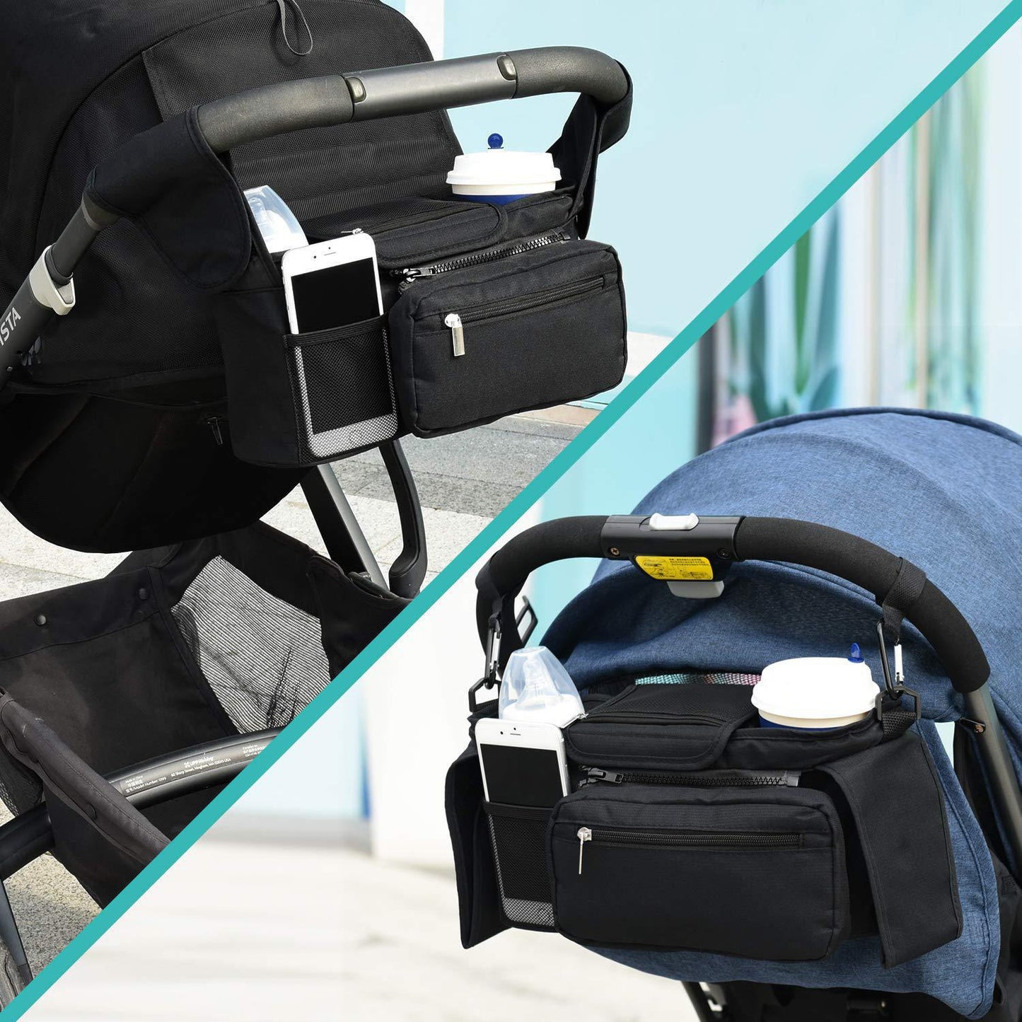 Black Universal Stroller Organiser Caddy with Insulated Cup Holders and Detachable Wristlet