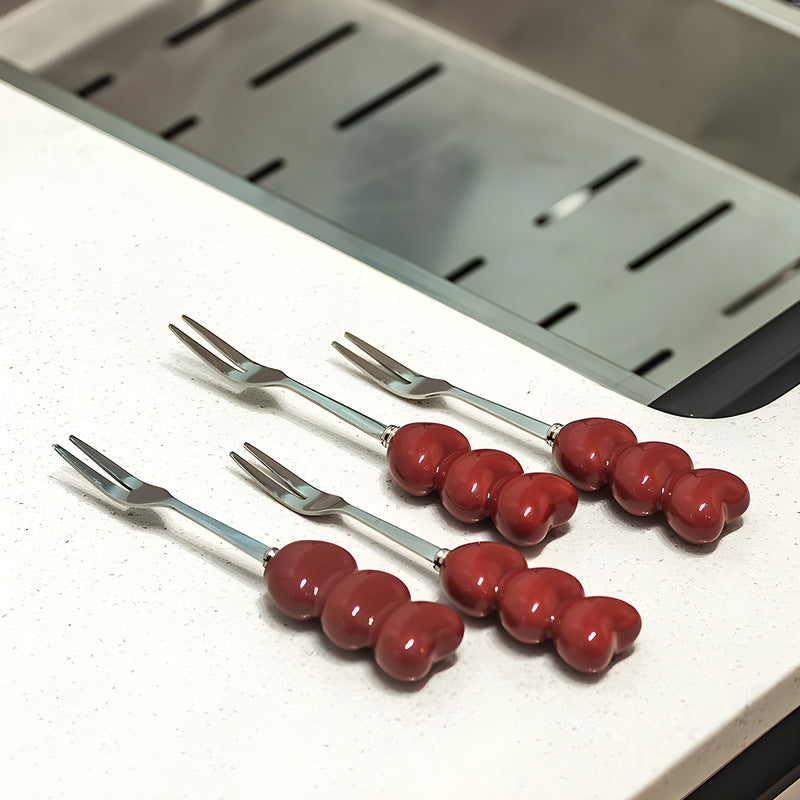 White Cute Dessert & Fruit Forks with Ceramic Storage Jar - High-Value Creative Tableware Set