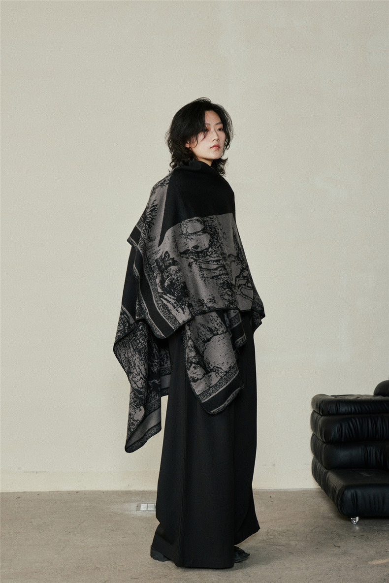 Faux Cashmere Shawl (Qingming Scroll Print) - Black Gray, 160*135cm