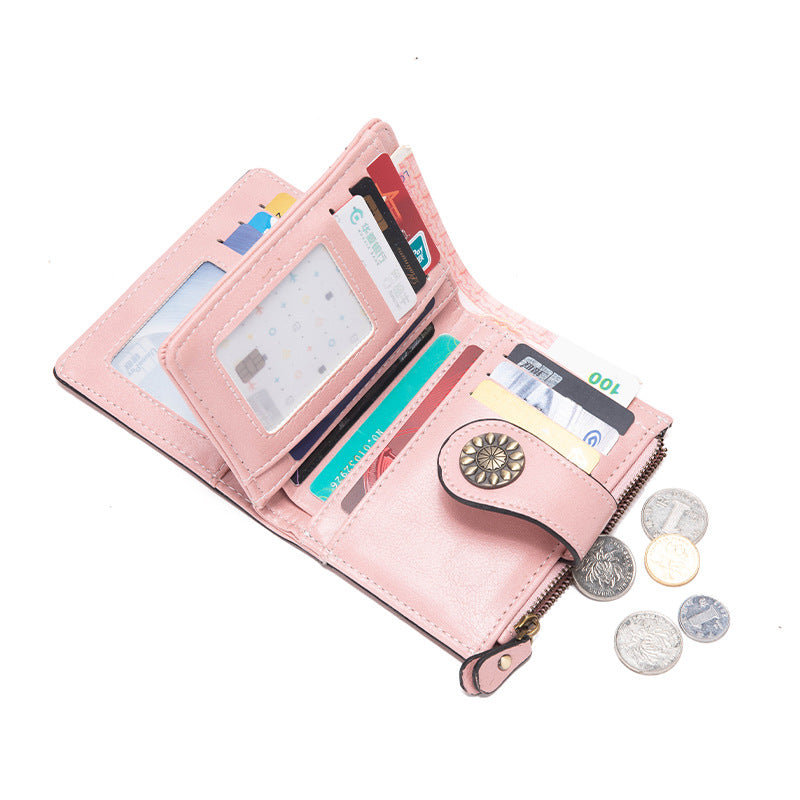 Pink Korean Style Cutout Compact PU Leather Wallet - Women's Mini Bifold Purses with 8 Card Slots, 2 ID Window & Coin Zip Pocket