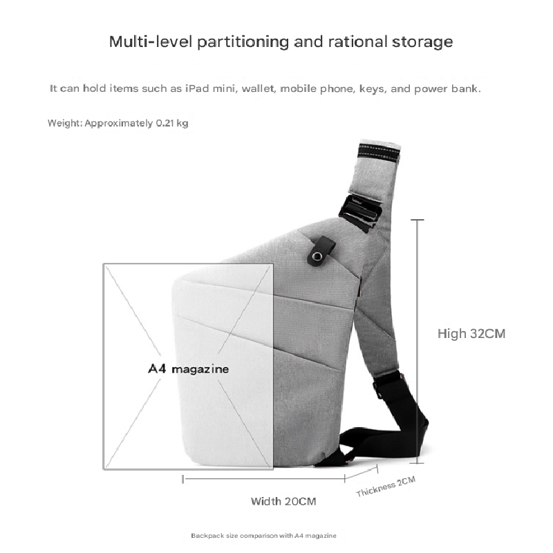 Dark grey Anti-theft Crossbody Sling Bag for Men & Women - Slim, Lightweight Chest Shoulder Pack for Travel & Daily Commute