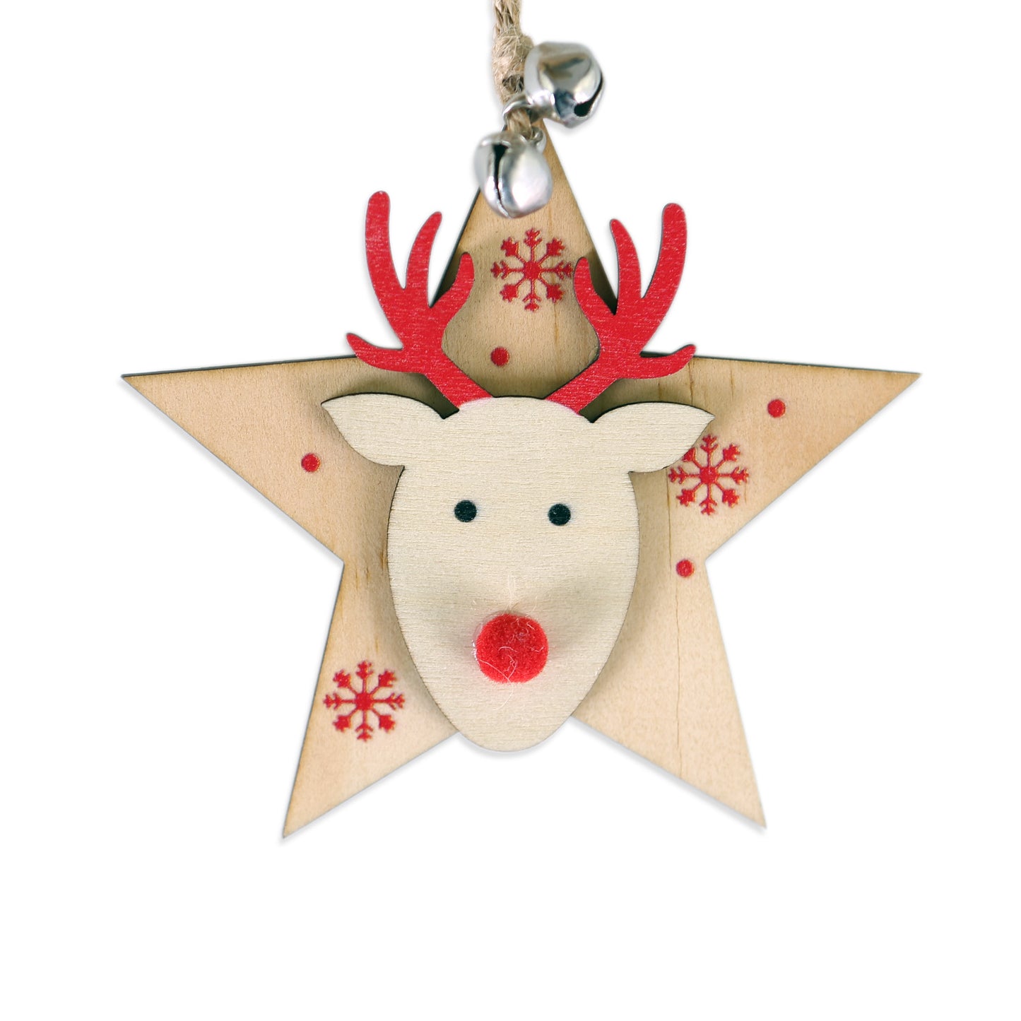 5 SET Rustic Wooden Christmas Hanging Ornaments with Bells - Santa, Reindeer, Tree & More (5 Designs)