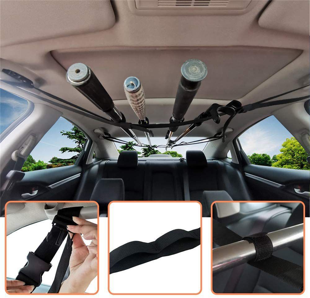 1 Pair Black Adjustable Car Fishing Rod Holder (31 to 61") - Nylon Vehicle Roof Strap Rack for Up to 5 Rod & Reel Combos, No Drill Interior Fishing Rod Storage for Cars SUVs and Vans