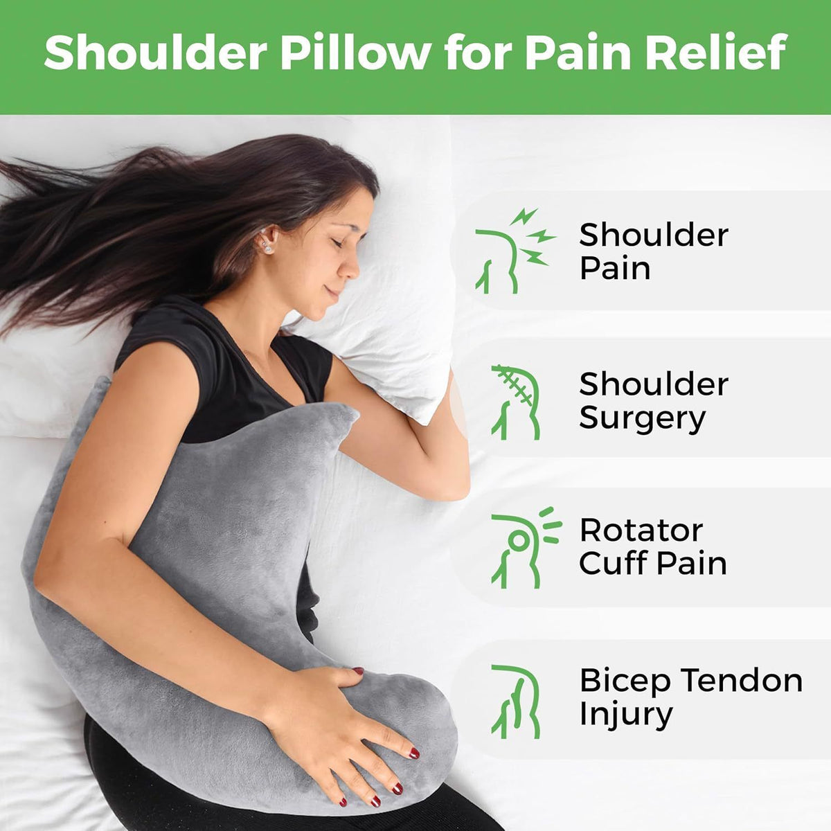 Grey W-Shaped Shoulder Support Double Zipper Pillow - 23.5 x 14 x 6" Soft Arm Support Cushion with Removable Cover for Side Sleeping, In Car, Sitting and Discomfort Easing
