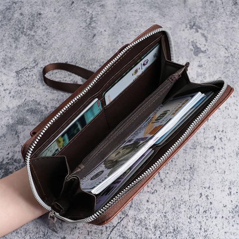 Red Brown Retro Leather 2-in-1 Men's Wallet & Phone storage pouch - Multi-Card Zipper Clutch with Front Pocket - Vintage Business Pocket for Phone & Cards