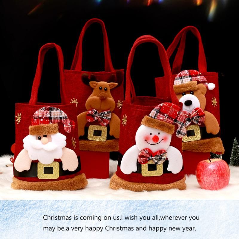 Red Christmas Felt Gift Tote Bag with Cute 3D Doll - Deer style Holiday Party Favor Bag for Xmas Treats & Decor