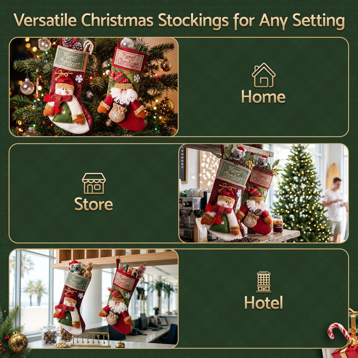 Jingle Jollys 4PCS Christmas Stockings Large 3D Plush Santa Snowman 43.5cm Christmas Decor for Family Holiday Christmas Party Decorations