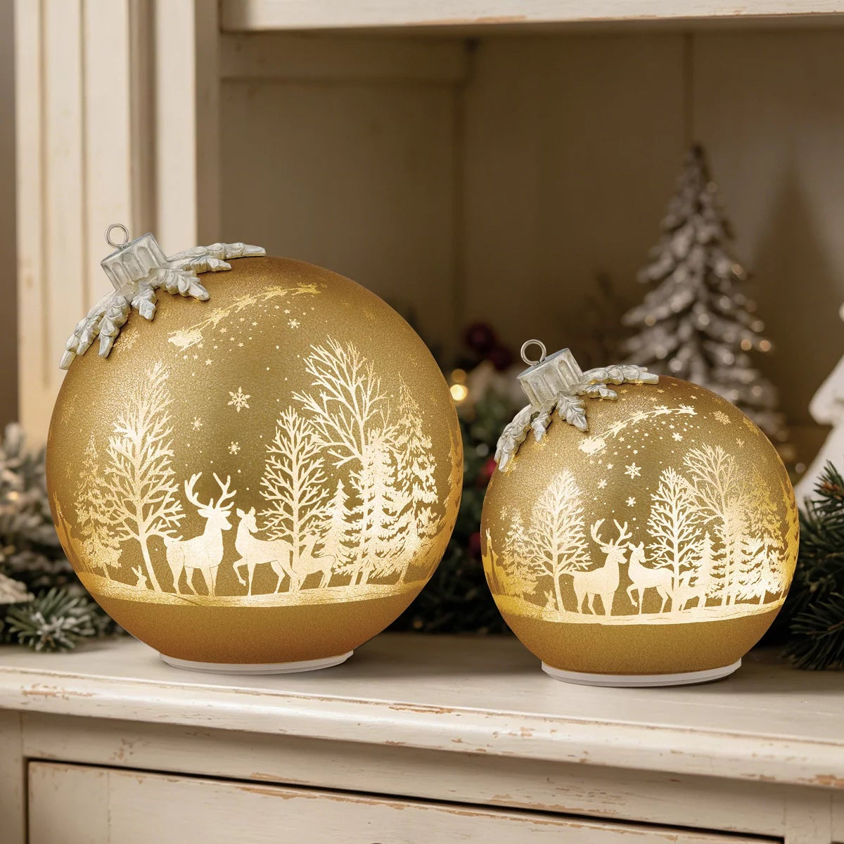Seasonal Rotating Glass Balls 2pc Gold LED Christmas Holiday Home Decor