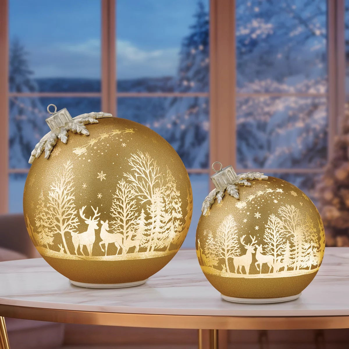 Seasonal Rotating Glass Balls 2pc Gold LED Christmas Holiday Home Decor