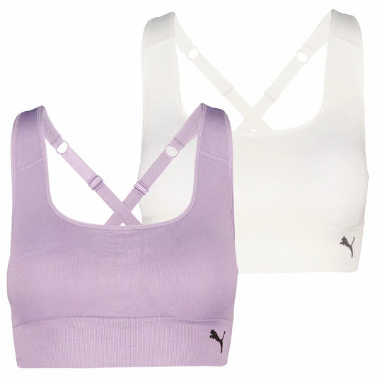 PUMA Women's Seamless Sports Bra 2 Pack Lilac Cream X-Large Adjustable