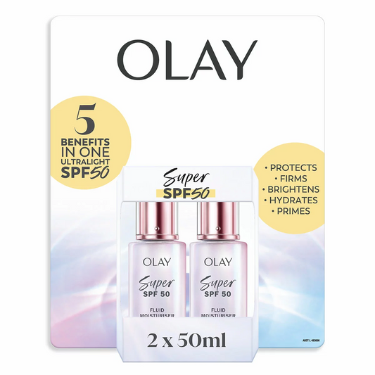Olay Super SPF50 Fluid Moisturiser 2 x 50ml Face Sunscreen Hydrating Anti-Ageing