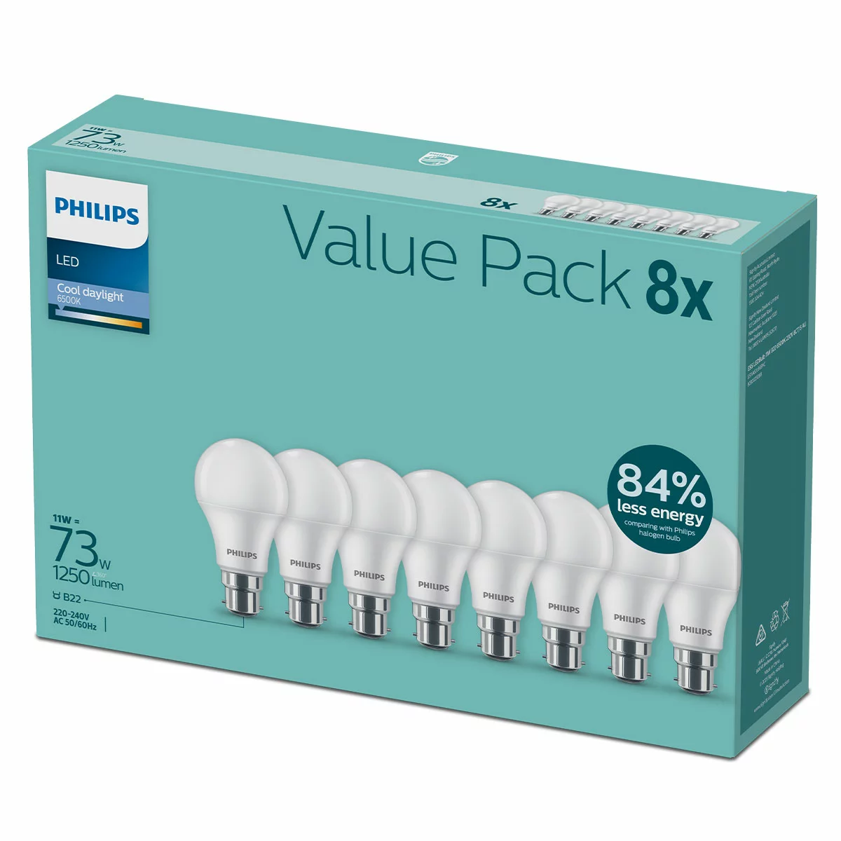 Philips Essential LED Bulb 11W B22 6500K Cool Daylight 230V 8 Pack Energy Saving
