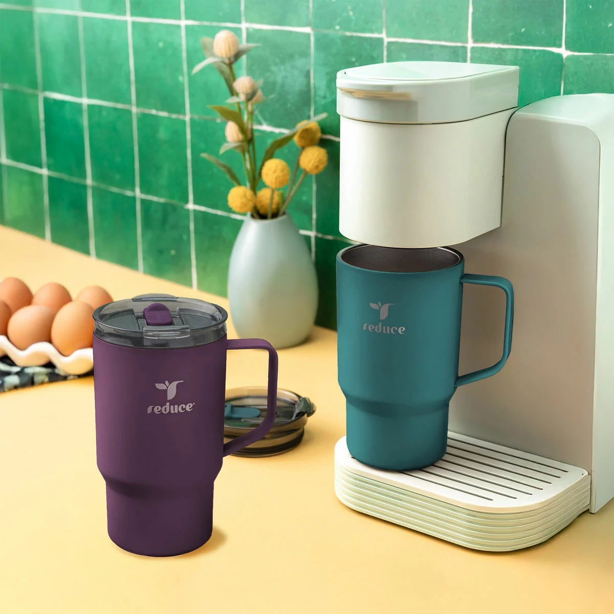 Reduce HOT1 Travel Mug Set 530ml 2 Pack Teal Plum Insulated Coffee Cups W/ Lids