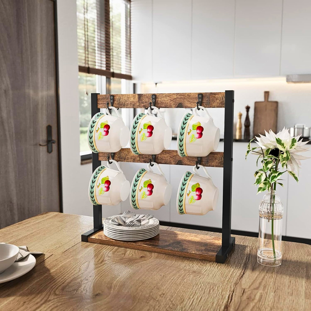 2 Tier Vintage Wood Coffee Mug Holder Stand