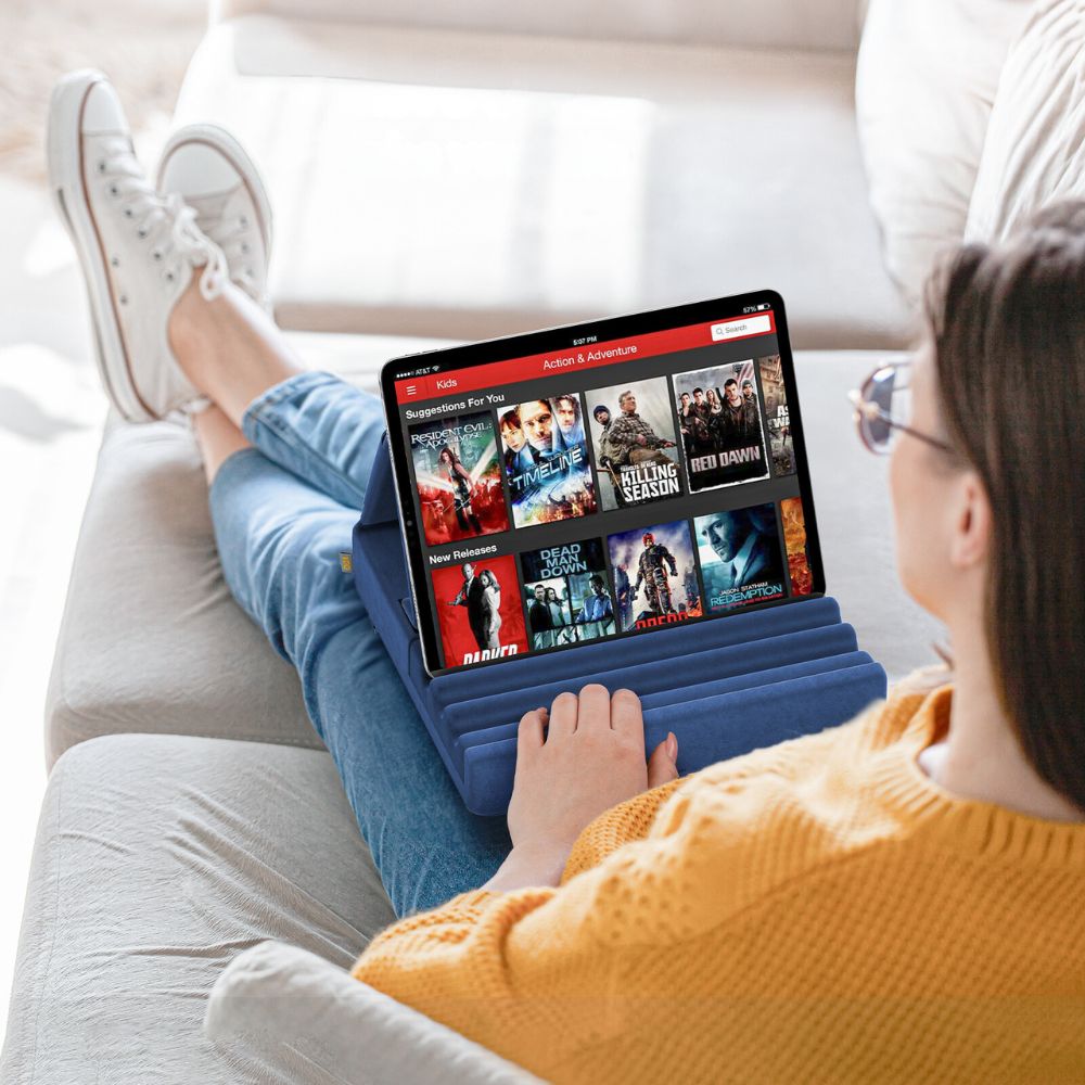 Tablet Pillow Stand Foldable Holder for iPad Pro with Soft Pad, Pocket and Stylus Mount