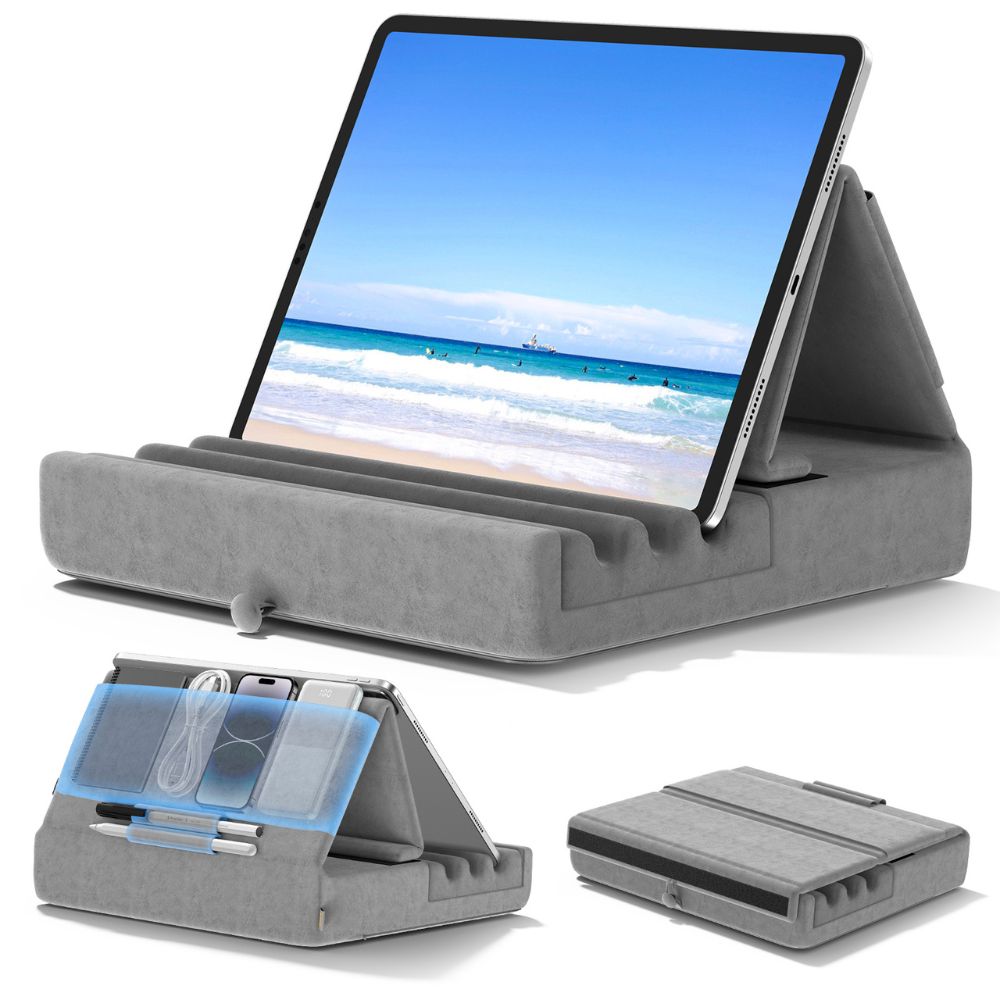 Tablet Pillow Stand Foldable Holder for iPad Pro with Soft Pad, Pocket and Stylus Mount
