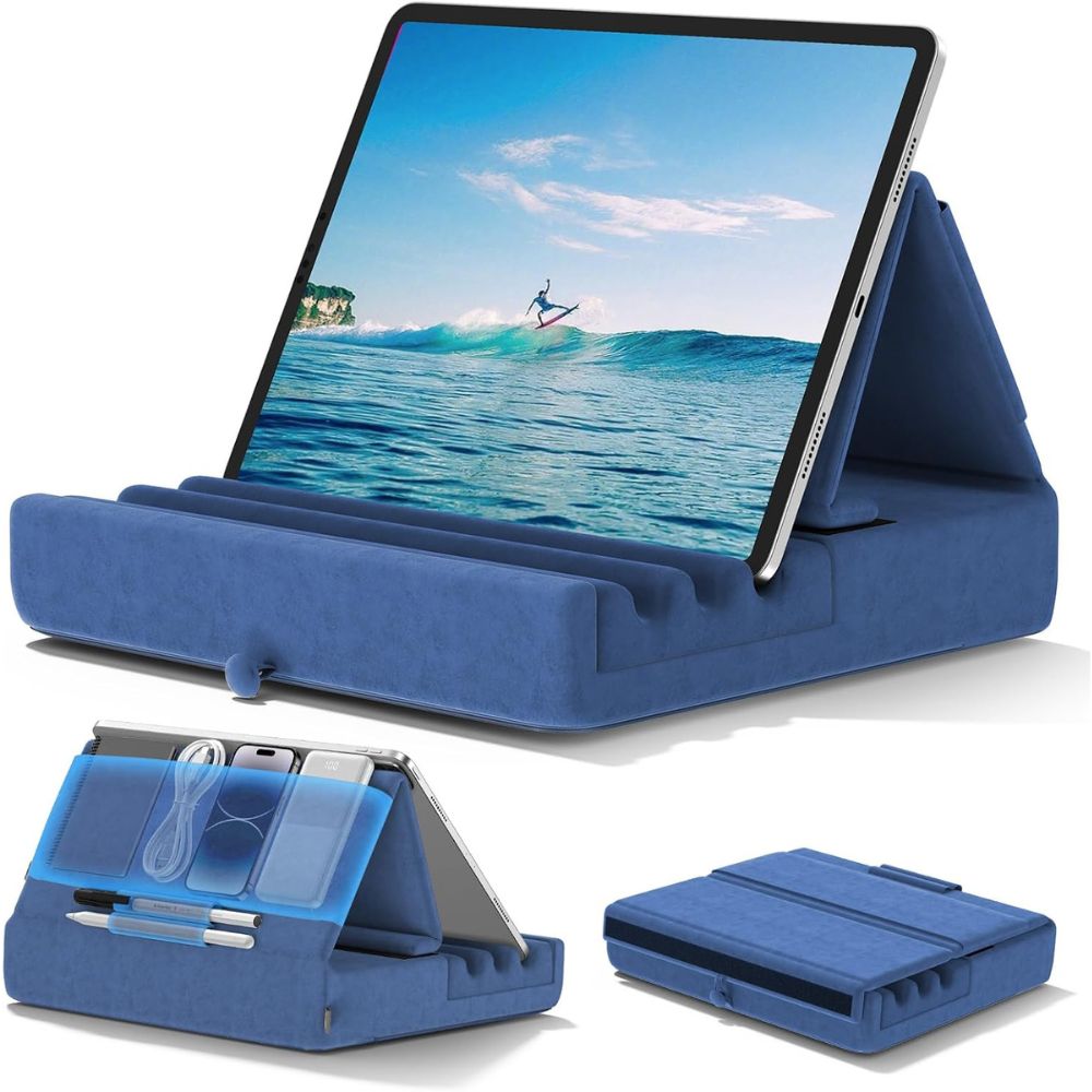 Tablet Pillow Stand Foldable Holder for iPad Pro with Soft Pad, Pocket and Stylus Mount