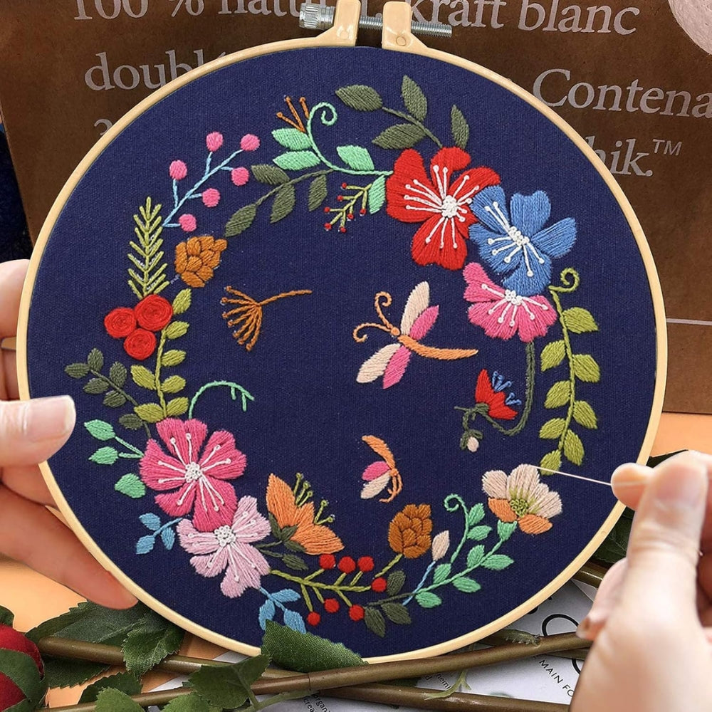 DIY Flowers Pattern Embroidery Kits Craft Beginner Needlepoint Hoop Cross Stitch