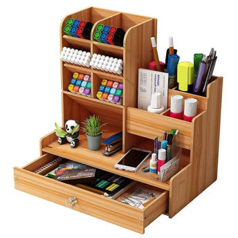 Wooden Desk Organiser DIY Desktop Tidy Pen Holder with Drawer
