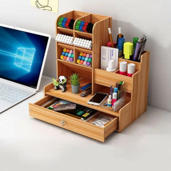 Wooden Desk Organiser DIY Desktop Tidy Pen Holder with Drawer