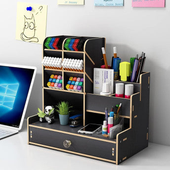 Wooden Desk Organiser DIY Desktop Tidy Pen Holder with Drawer