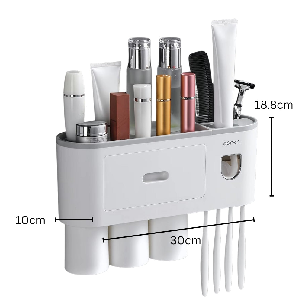 Wall Mounted No-Drill Toothbrush Holder with Toothpaste Squeezer & Storage Rack
