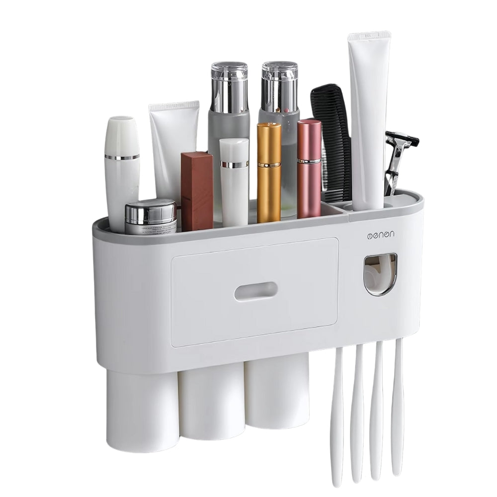 Wall Mounted No-Drill Toothbrush Holder with Toothpaste Squeezer & Storage Rack