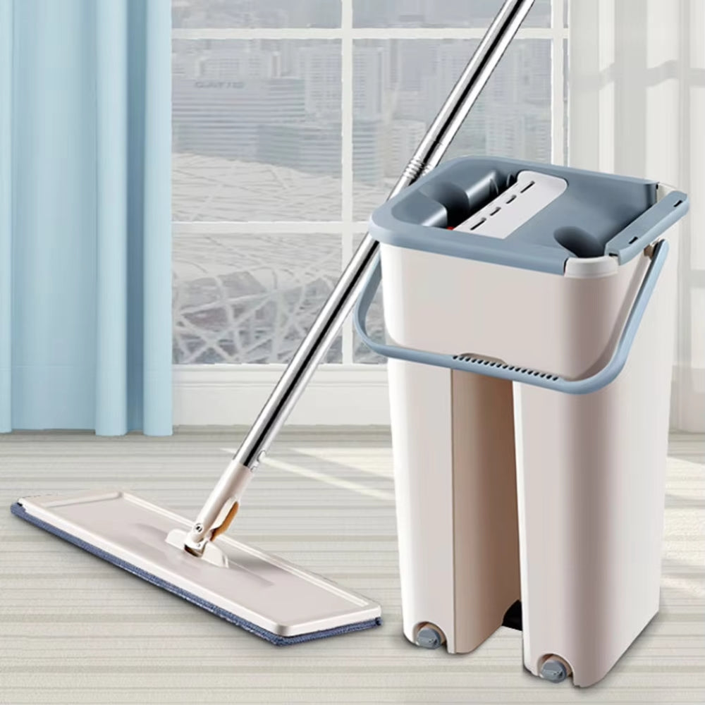 Hands Free Flat Floor Mop and Bucket System with Washable Microfiber Pads