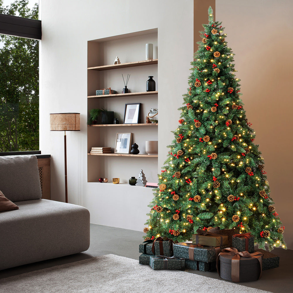 8FT Green Christmas Tree with LED Lights and Pine Cones Decorations