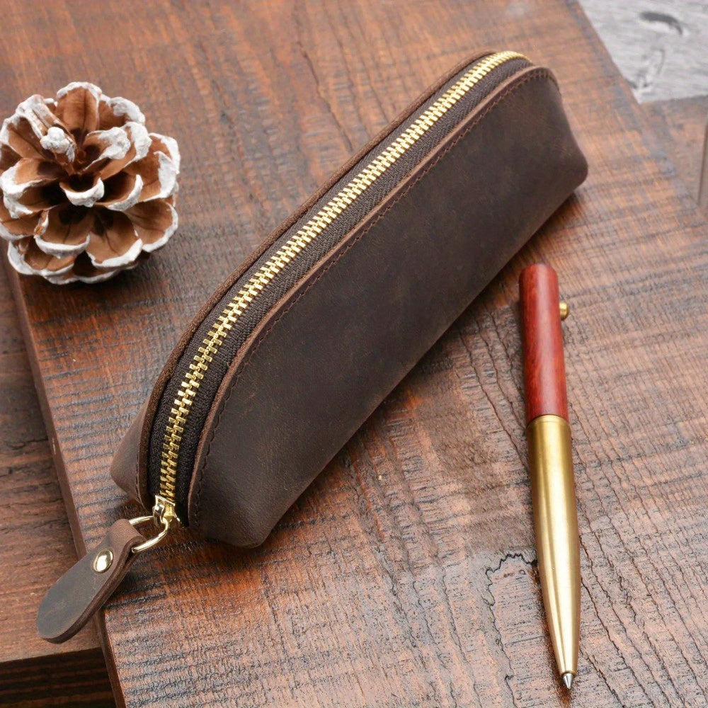 Vintage Leather Pencil Bag Zipper Pencil Pouch