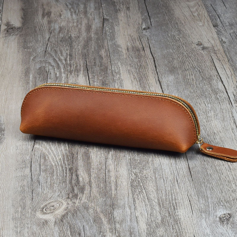Vintage Leather Pencil Bag Zipper Pencil Pouch