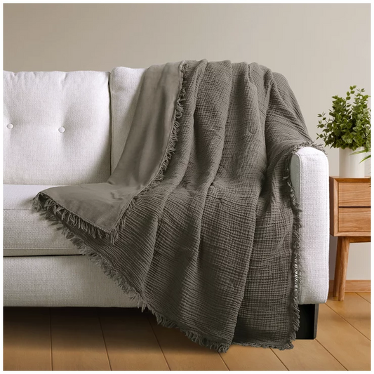 Life Comfort Cotton to Plush Throw Grey Reversible Blanket 152x177