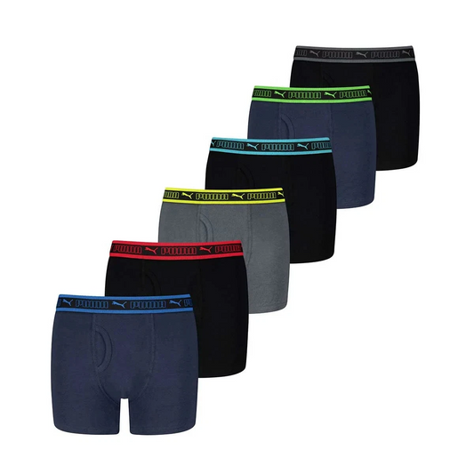 PUMA Boys Boxer Briefs 6 Pack Cotton Stretch Navy Grey Black X-Large
