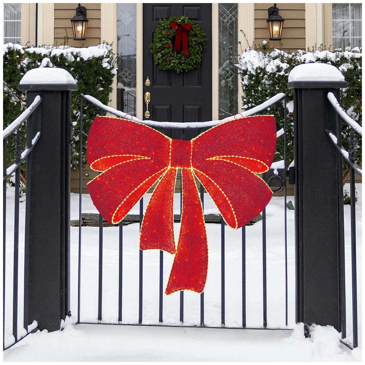 LED Christmas Outdoor Decor Mesh Bow 121cm Red Bow Warm White Chasing Lights
