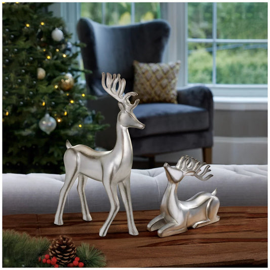 Silver Resin Reindeer Christmas Decor Set 2pc Tabletop Holiday Home Decoration