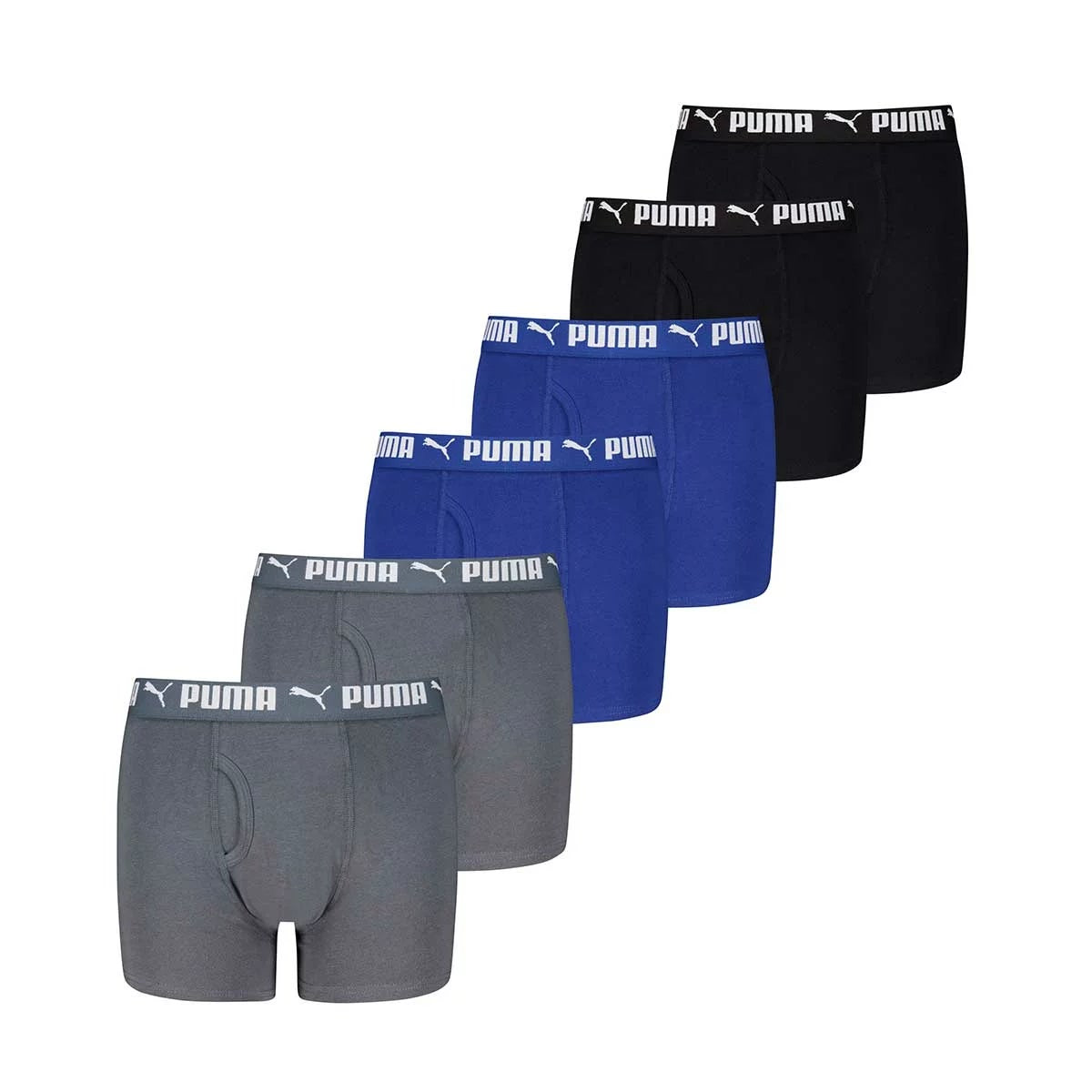 PUMA Boys Boxer Briefs 6 Pack Cotton Stretch Grey Blue Black Large
