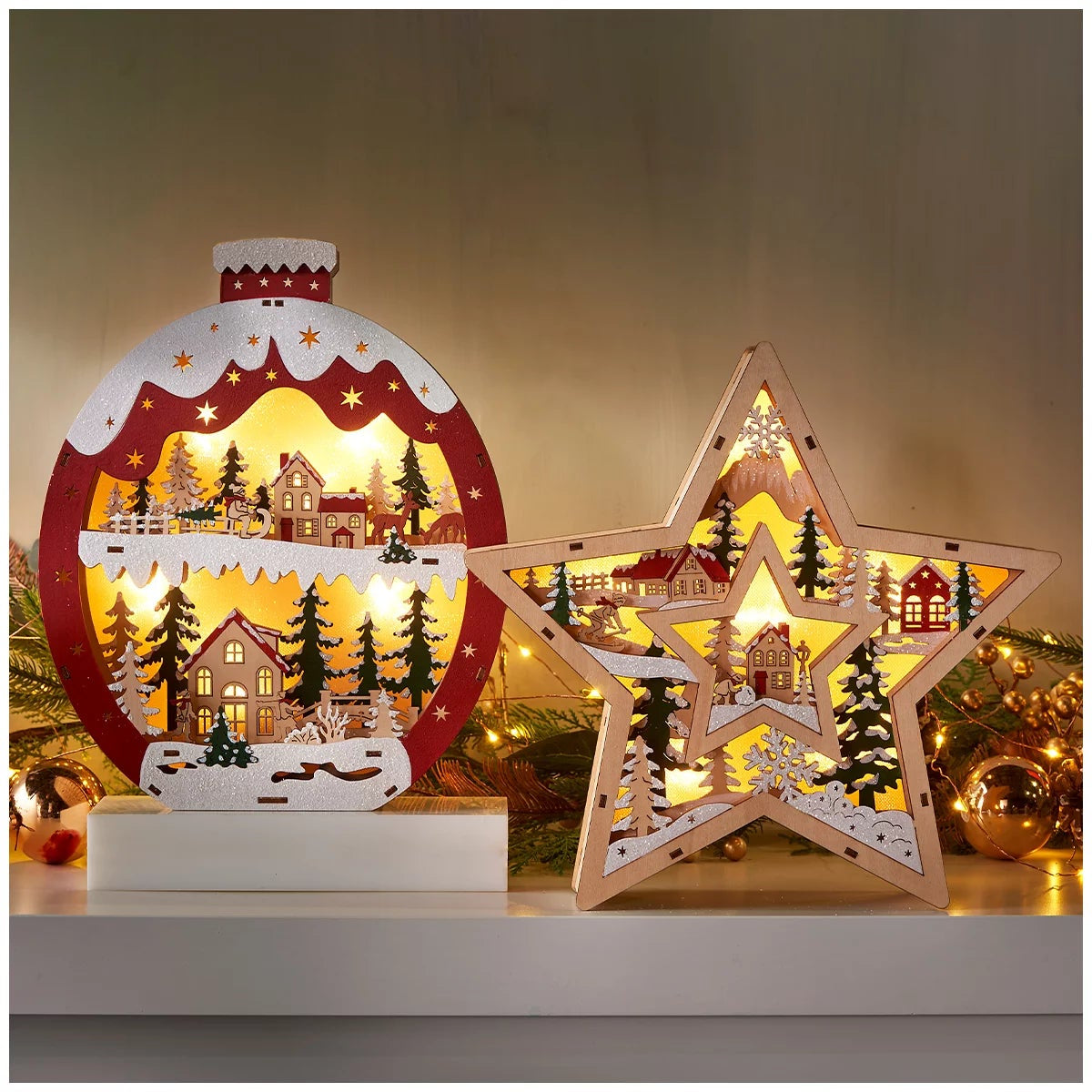 Wooden Christmas 2pc Ornament Star Set Xmas Holiday Tabletop Display With Timer