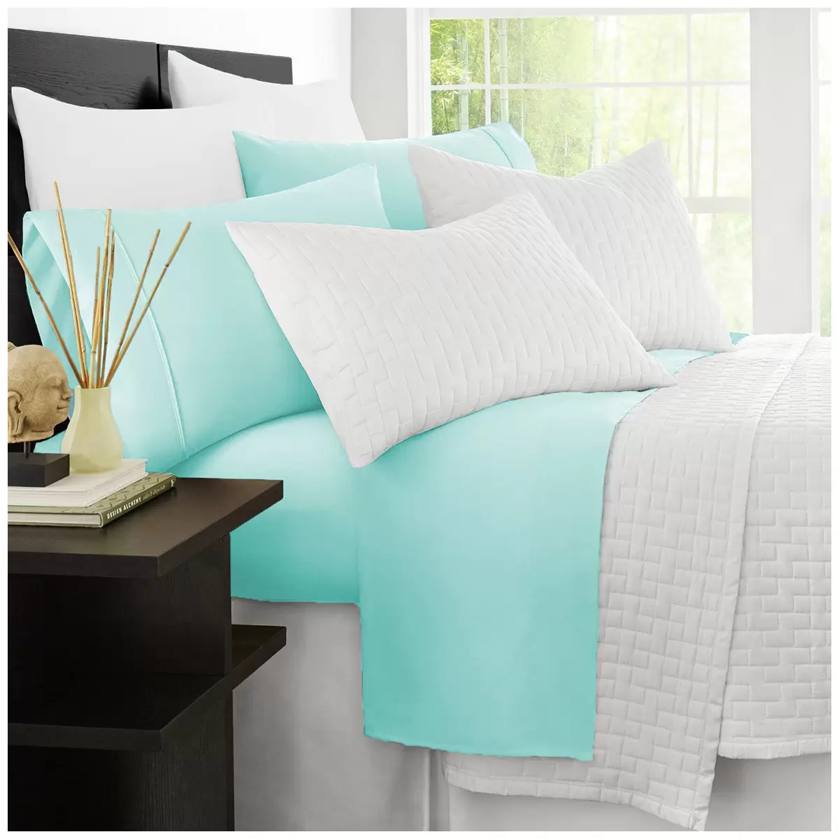 Ramesses 2000 Thread Count Bamboo Queen Sheet Set Aqua Soft Cooling