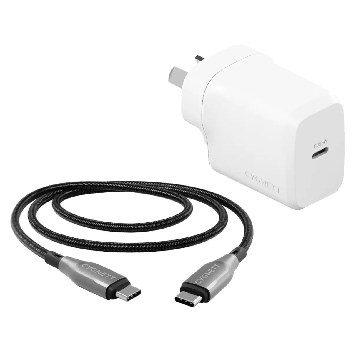Cygnett 25W USB-C Charger & Armoured 2M USB-C Cable Bundle