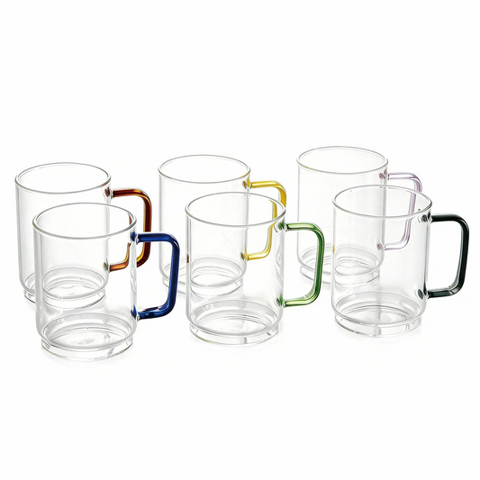 King Crystal 410ml Borosilicate Glass Coffee Mugs Set of 6 Stackable W/ Handles
