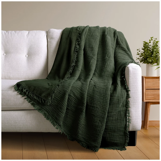 Life Comfort Cotton to Plush Throw Dark Green Reversible Blanket 152x177